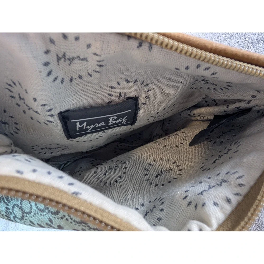 Myra Bag Canvas Cowhide Leather Wristlet Clutch Mandala Print Green Brown S-1011